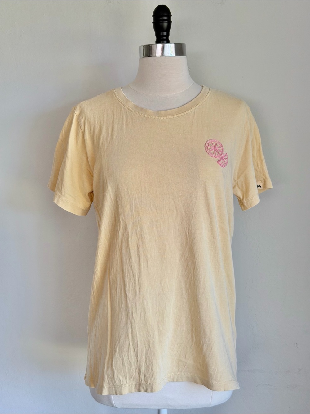 C&C Sunwashed Yellow Crewneck Cotton Tee Pink Citrus Embroidery